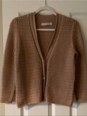 LOFT Taupe Open-Knit V-Neck Cardigan
